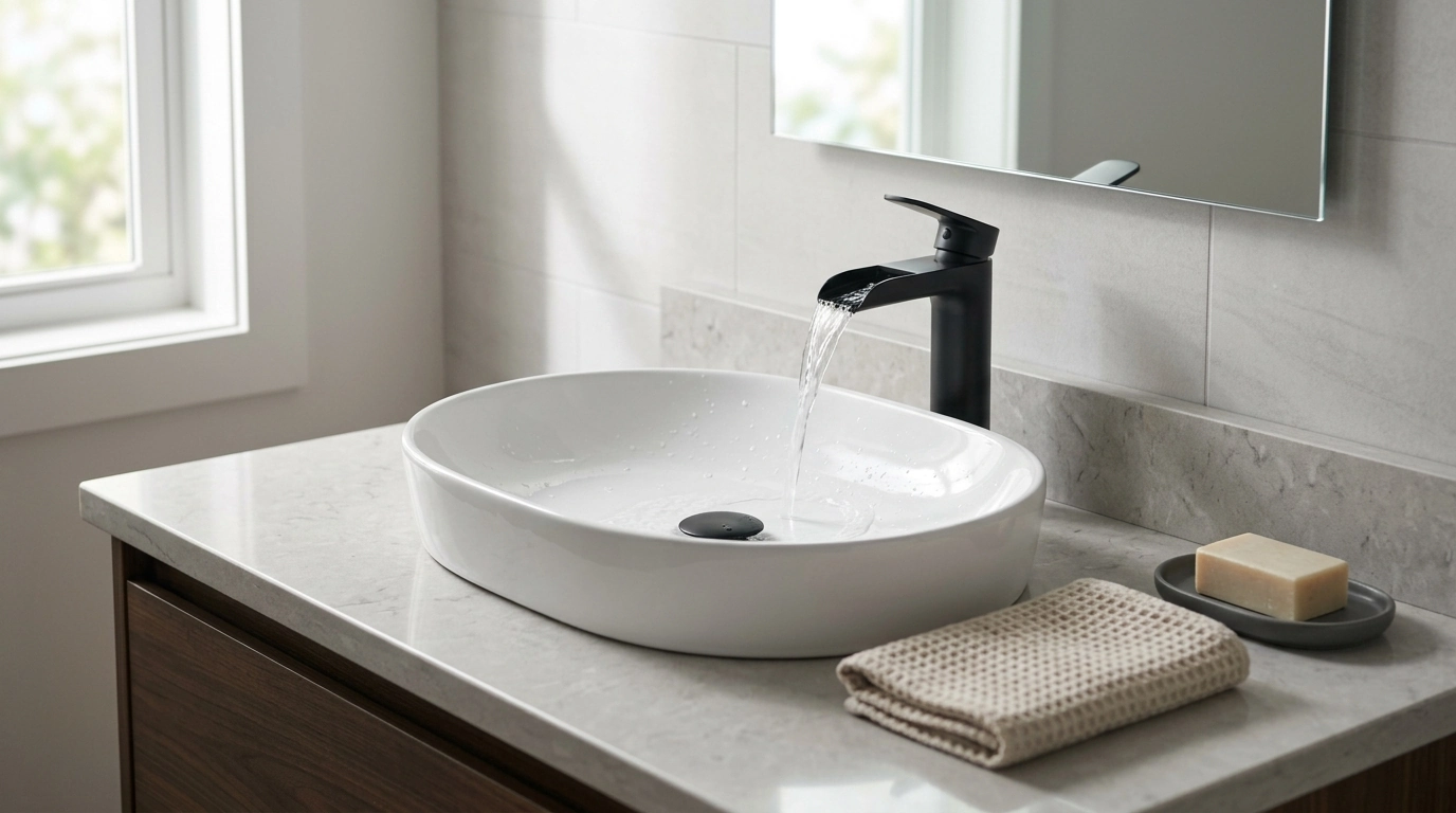 Oval Ceramic Vessel Sink + Matte Black Waterfall Faucet Set
